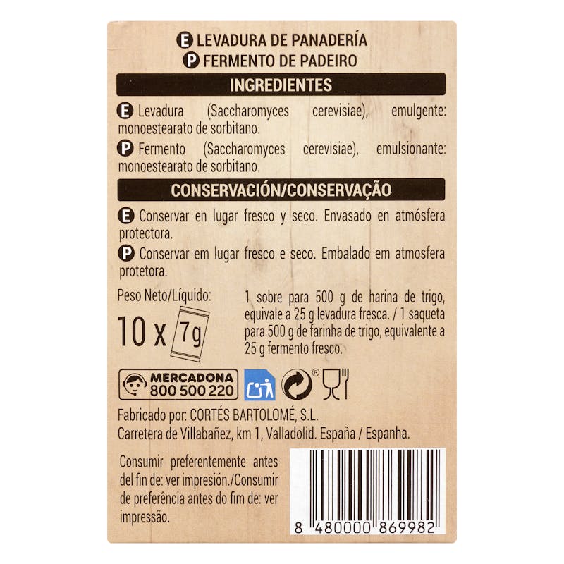 Levadura de panadería Hacendado — otra vista del envase
