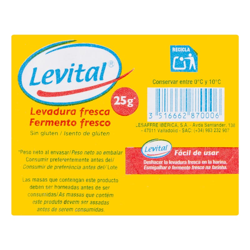 Levadura fresca Levital — otra vista del envase