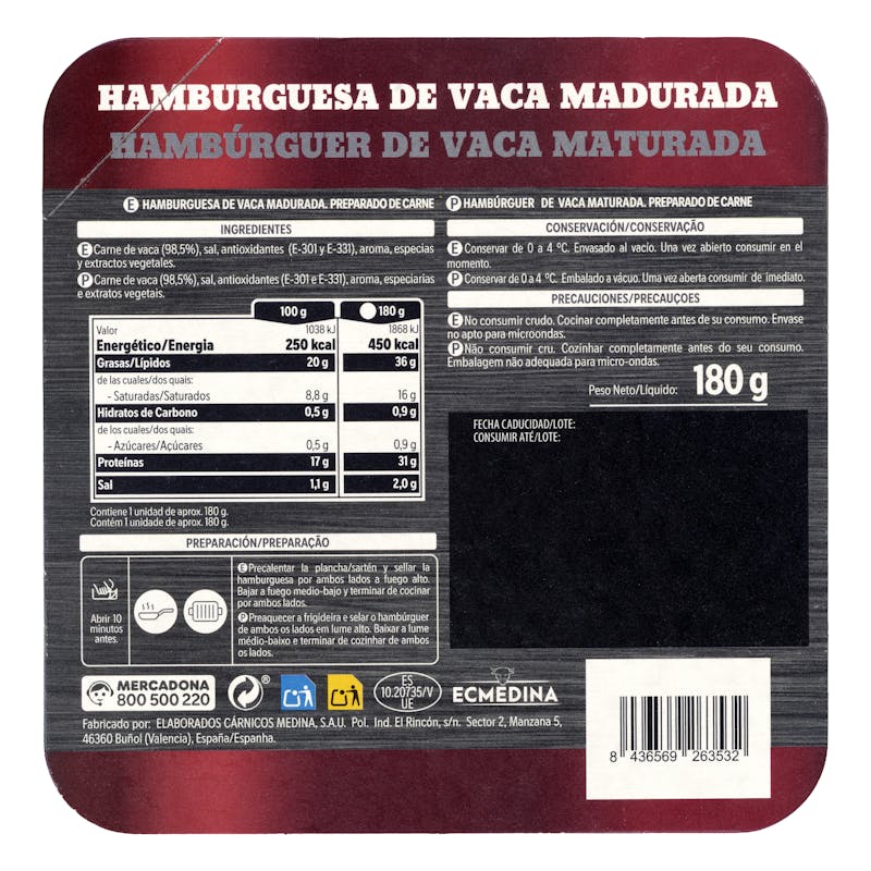 Burger de vaca madurada — otra vista del envase