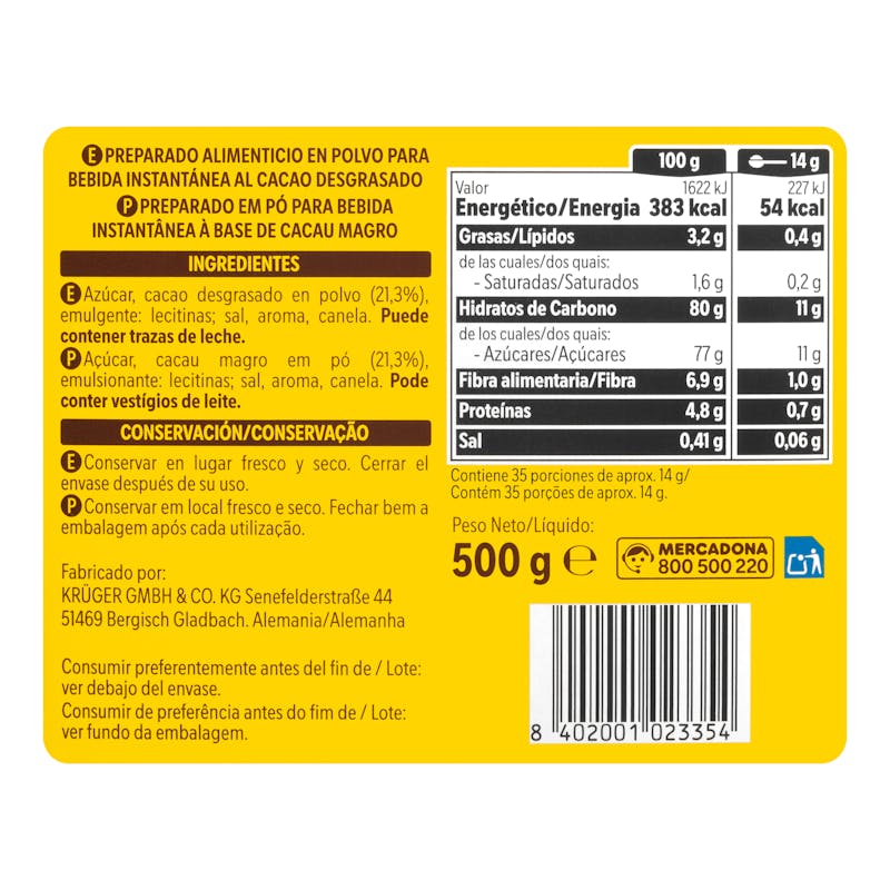 Cacao soluble instantáneo Hacendado — otra vista del envase