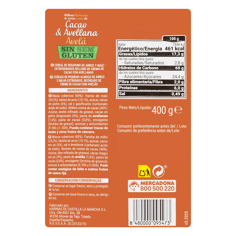 Cereales rellenos de crema de cacao y avellana Hacendado sin gluten — otra vista del envase