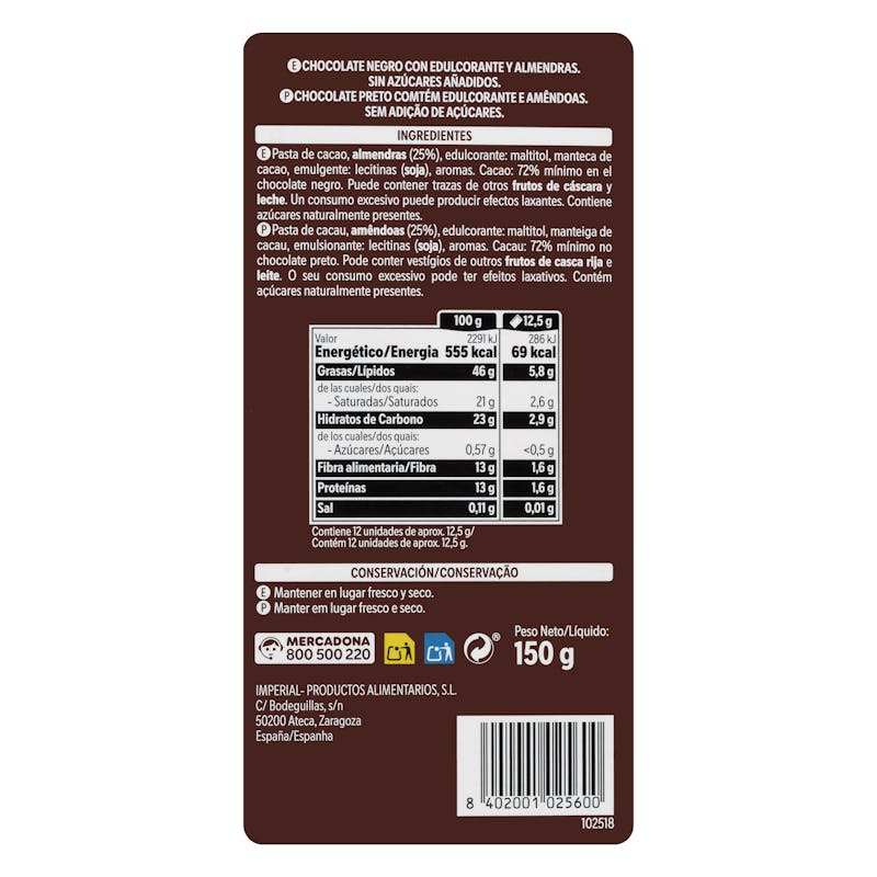 Chocolate negro 72% de cacao Hacendado con almendras enteras 0% azúcares añadidos — otra vista del envase