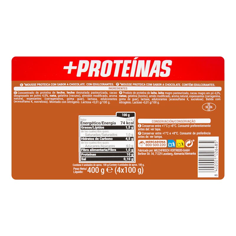 Mousse sabor chocolate +Proteínas 10 g Hacendado — otra vista del envase